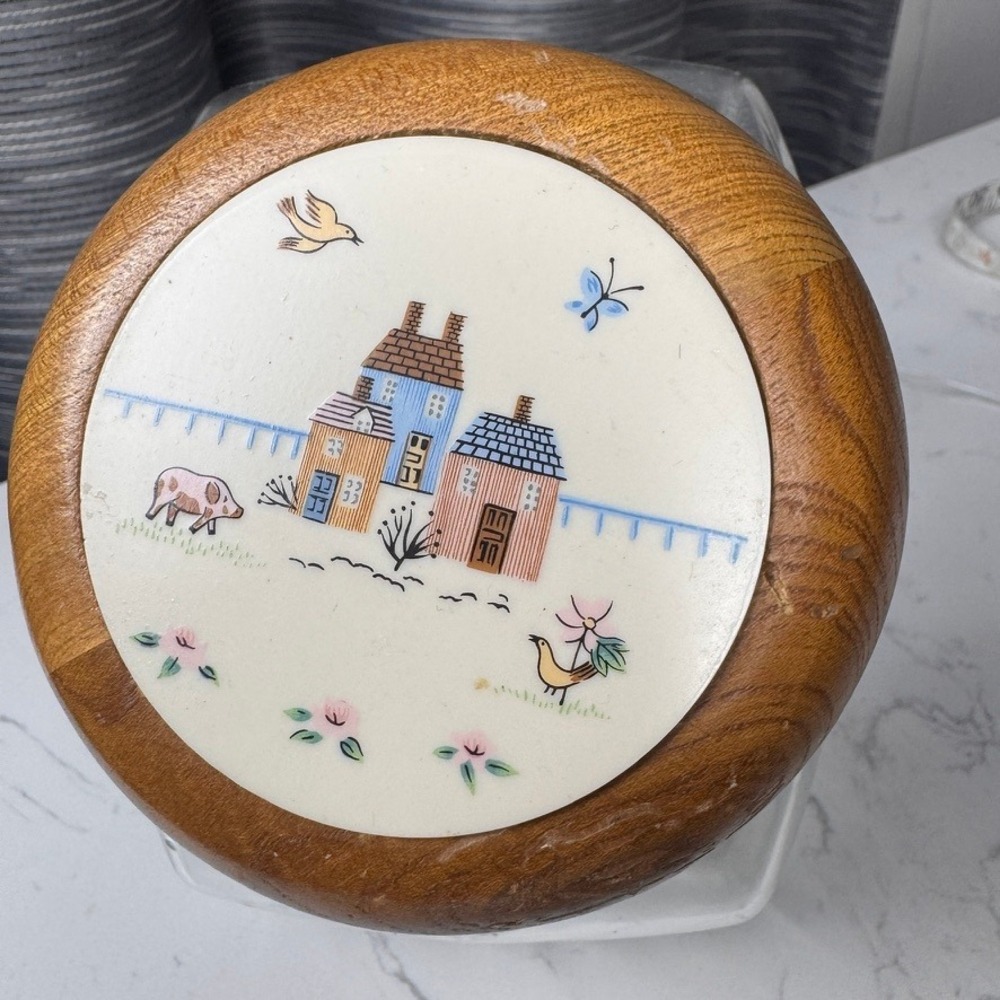 Heartland Vintage Wood Glass Canister Country Folk Art Wood Lid Slant Cookie Jar